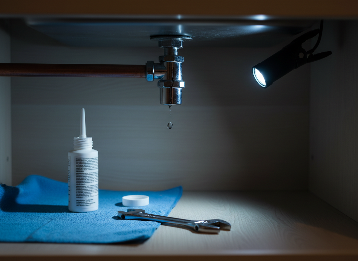 A dramatic close-up of a leaking metal pipe joint under a kitchen sink, a single droplet of water frozen in mid-air just below the faulty compression fitting. Surrounding the pipe, the interior of the cabinet is tidy, with a small LED work light illuminating the scene in a cool, focused beam. On the cabinet floor, an absorbent cloth, an open bottle of thread sealant, and a compact adjustable wrench wait ready for action. The rest of the kitchen is softly blurred beyond the shadowed cabinet edges. Photographic realism, low-angle macro-style shot with very shallow depth of field, creating a tense yet controlled mood ideal for illustrating plumbing problems and step-by-step repair tips.