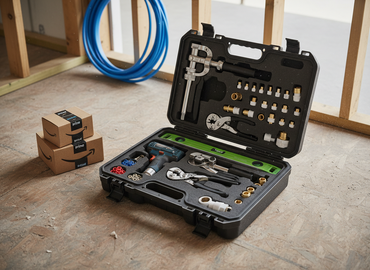 A compact, well-organized mobile plumbing toolkit open on a sturdy construction-site plywood floor. Inside the case, form-fitted foam cradles a cordless drill, press tool, precision pipe cutters, spirit level, assorted brass and PVC fittings, and color-coded O-rings. Nearby, neatly stacked cardboard boxes with recognizable Amazon-style shipping labels hint at recent tool deliveries, and a coiled blue PEX pipe rests against an unfinished stud wall. Soft, indirect daylight filters through an unseen window, revealing dust motes and creating gentle shadows. Photographic realism, captured from a three-quarter overhead angle, with moderate depth of field, conveying efficiency, preparedness, and the idea of carefully curated, field-tested gear recommendations.