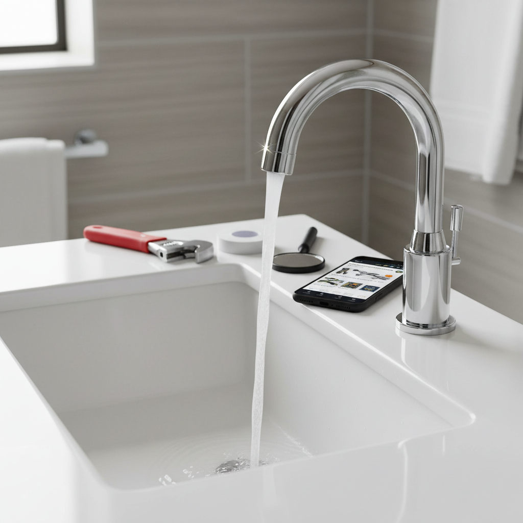 A close-up of a gleaming chrome faucet mounted on a pristine white ceramic sink, with clear water flowing in a smooth, controlled stream. Around the sink edge, arranged with precision, lie essential plumber’s tools: a small red pipe wrench, a roll of PTFE tape, a compact inspection mirror, and a smartphone displaying an Amazon product page for plumbing tools. The bathroom background is softly blurred, featuring light gray tiles and a hint of a neatly folded towel. Natural, bright window light creates crisp highlights and clean reflections. Photographic realism, eye-level composition with shallow depth of field, giving a clean, modern, professional mood emphasizing useful tools and online deals.