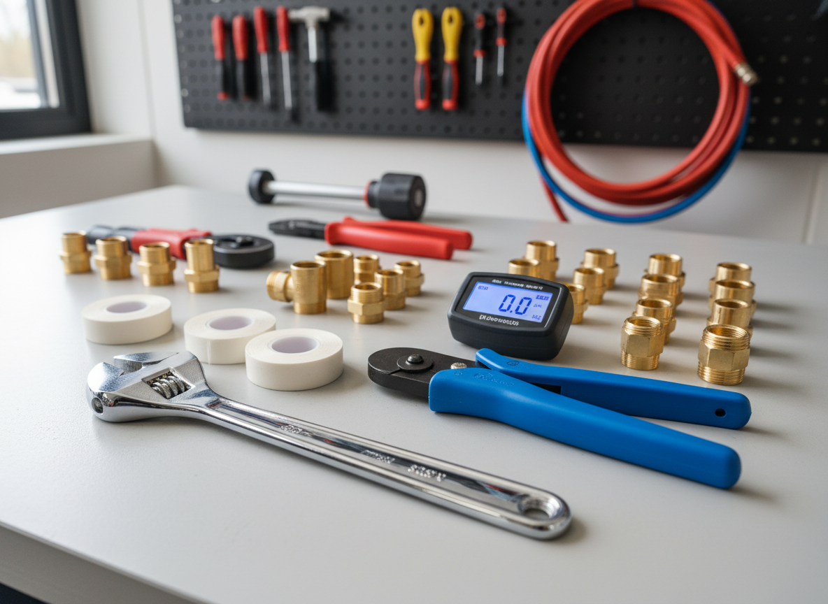 A meticulously organized assortment of modern plumbing tools laid out on a clean, light gray workbench. A chrome adjustable wrench, bright blue PVC pipe cutter, digital manometer, Teflon tape rolls, and neatly arranged brass fittings create a harmonious pattern. In the background, slightly out of focus, a wall-mounted pegboard holds additional tools and coiled hoses. Soft, diffused daylight from an unseen workshop window bathes the scene, creating gentle reflections on metal surfaces and subtle shadows. Photographic realism, shot from a slightly elevated angle with shallow depth of field, conveying a professional, trustworthy, and efficient atmosphere ideal for a plumbing tips homepage hero image.