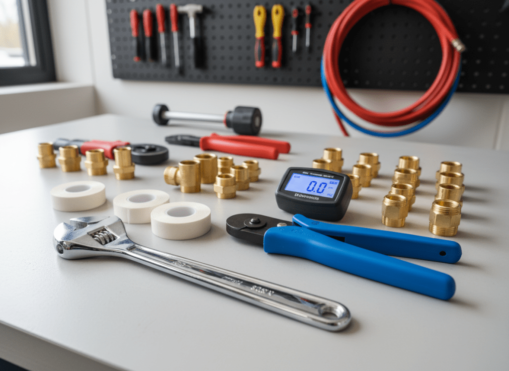 A meticulously organized assortment of modern plumbing tools laid out on a clean, light gray workbench. A chrome adjustable wrench, bright blue PVC pipe cutter, digital manometer, Teflon tape rolls, and neatly arranged brass fittings create a harmonious pattern. In the background, slightly out of focus, a wall-mounted pegboard holds additional tools and coiled hoses. Soft, diffused daylight from an unseen workshop window bathes the scene, creating gentle reflections on metal surfaces and subtle shadows. Photographic realism, shot from a slightly elevated angle with shallow depth of field, conveying a professional, trustworthy, and efficient atmosphere ideal for a plumbing tips homepage hero image.