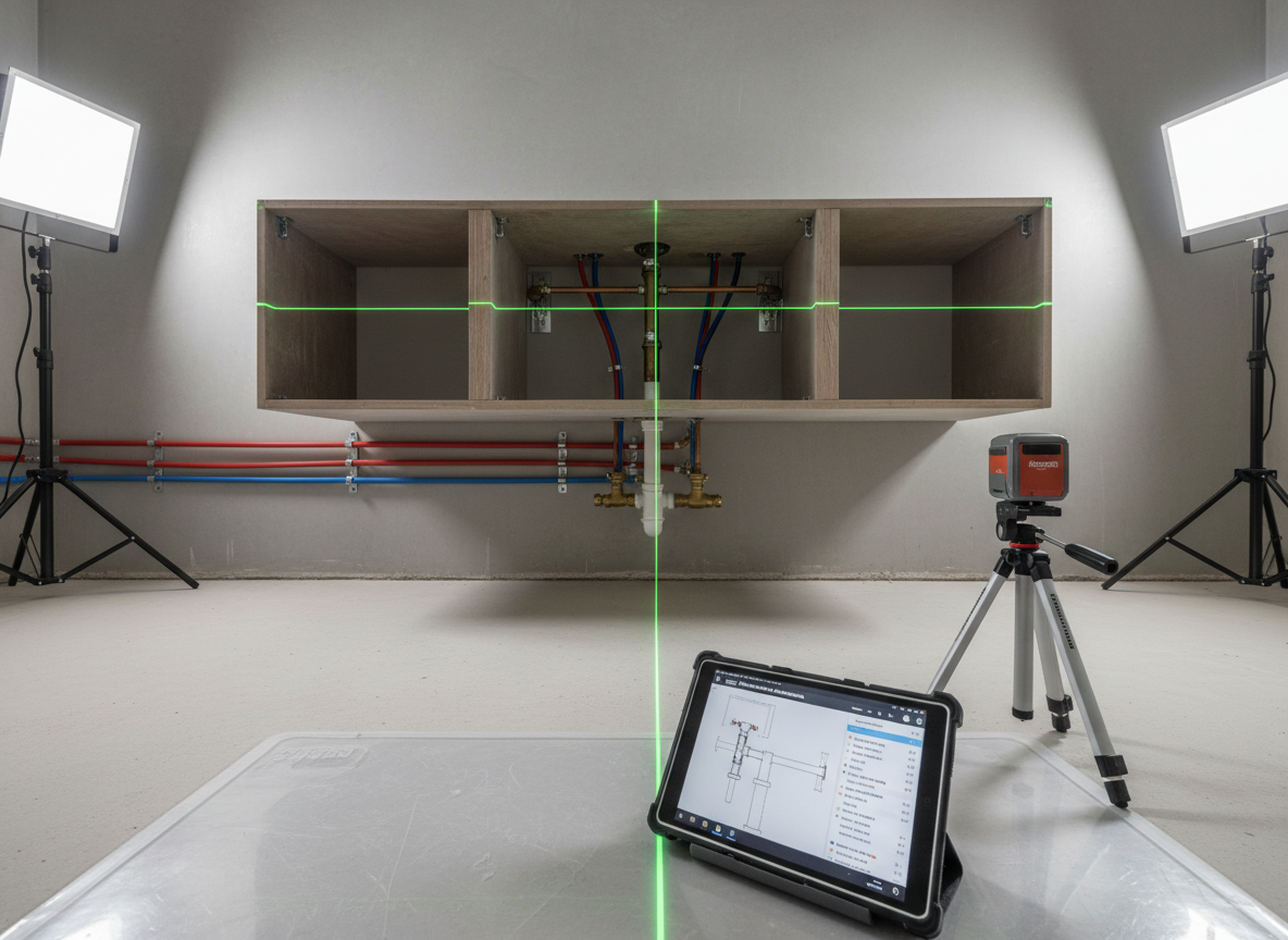 A clean, modern bathroom renovation in progress, showing exposed pipes precisely aligned beneath a partially installed floating vanity. Color-coded PEX lines, level copper runs, and neatly positioned shutoff valves are secured against a smooth concrete wall. On the floor, a laser level projects straight green lines, while an open tablet on a plastic work mat displays a schematic plan and a shopping list of Amazon-sourced components. Bright, diffused work lights create a neutral, shadow-free environment. Photographic realism, shot from a slightly low, wide-angle perspective to emphasize alignment and craftsmanship, conveying a professional, meticulous, and forward-planning mood for advanced plumbing project guides.