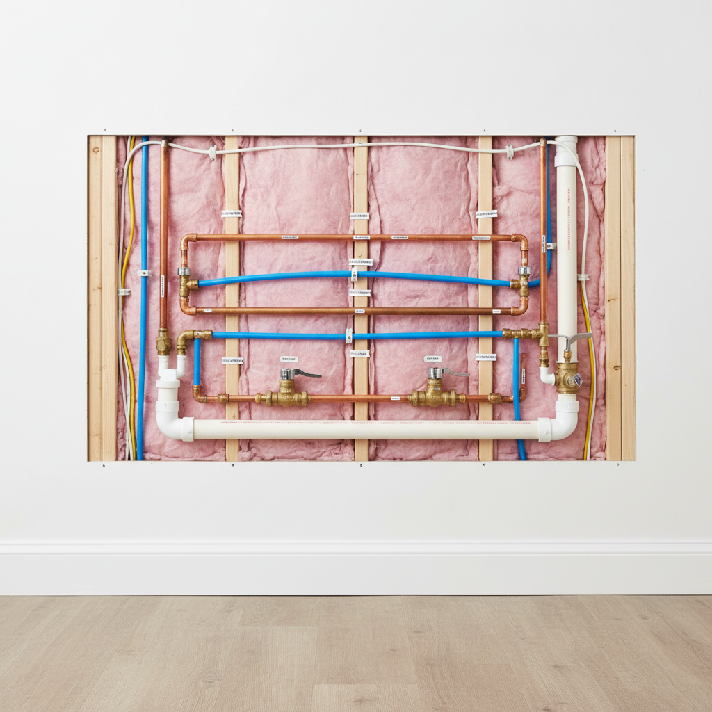 A detailed cross-section view of residential plumbing pipes hidden behind a freshly painted white wall, showing copper hot-water lines, blue PEX cold-water lines, and a PVC drain pipe with labeled connectors and valves. The pipes are mounted on smooth wooden studs, with neatly stapled insulation tucked between. The foreground shows a section of finished interior with a simple baseboard and laminate floor, creating a clear before-and-behind-the-wall contrast. Even, studio-style lighting with no harsh shadows highlights every detail. Photographic realism with a slightly wide-angle lens and sharp focus throughout the frame, delivering an educational, technical, and professional atmosphere perfect for explaining plumbing basics and hidden systems.